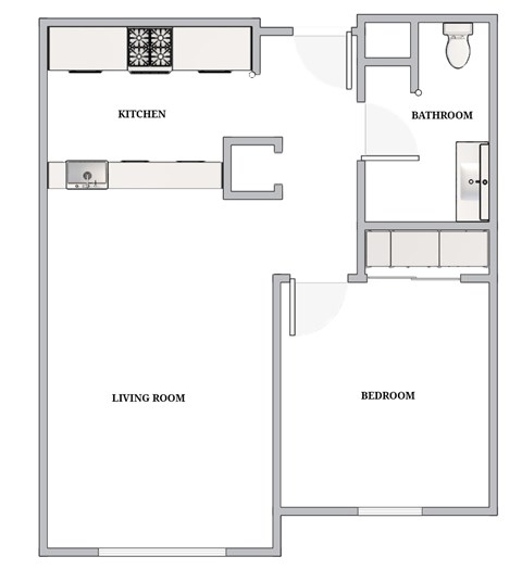 A floor plan of a house with a kitchen, living room, bathroom and bedroom.